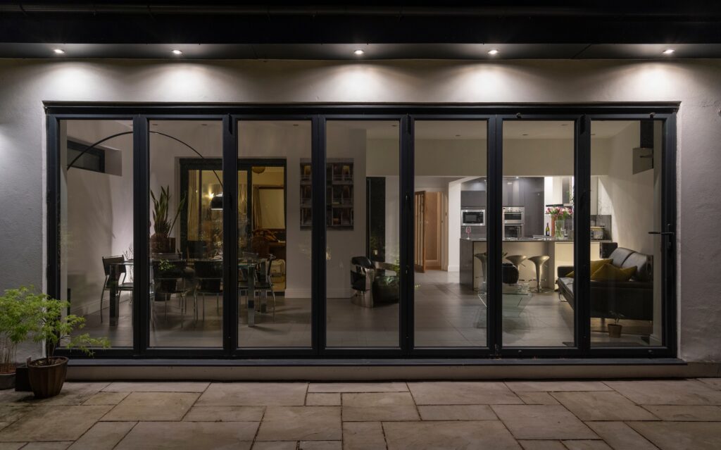 external view of sheerline bifold for article about bifold door U-Values. 