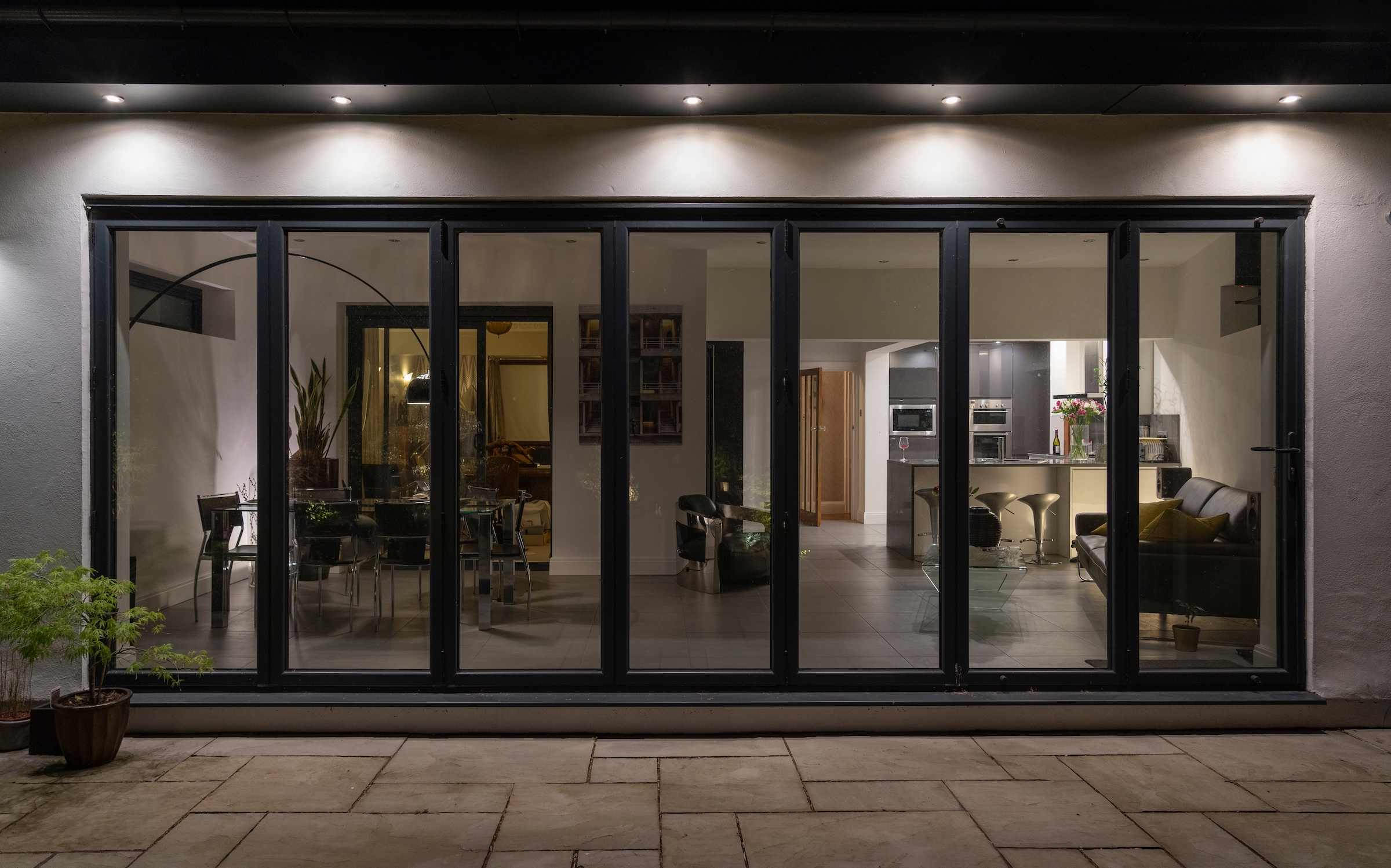 external view of sheerline bifold for article about bifold door U-Values.