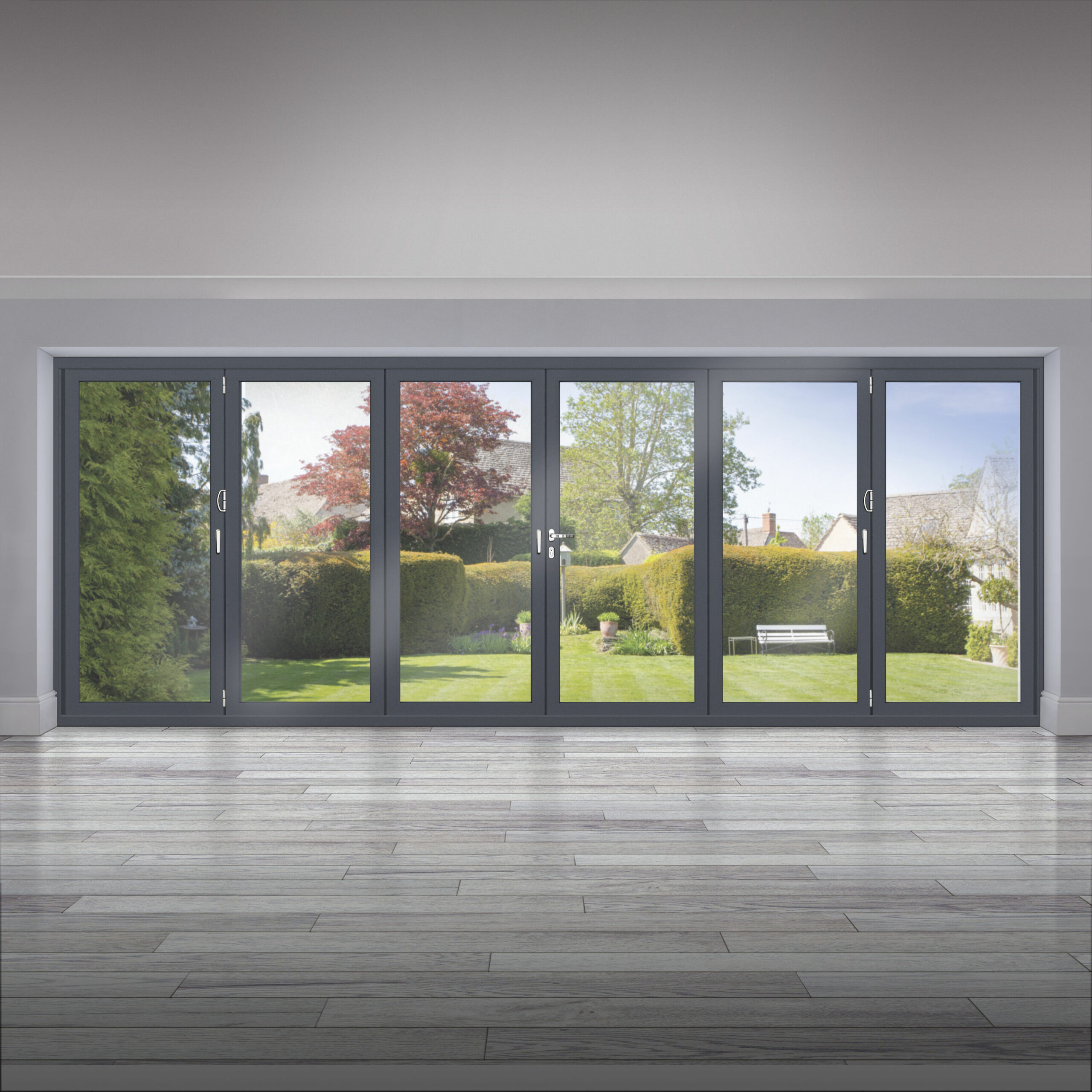 origin ob-72 grey bifold in an empty room with lawn views