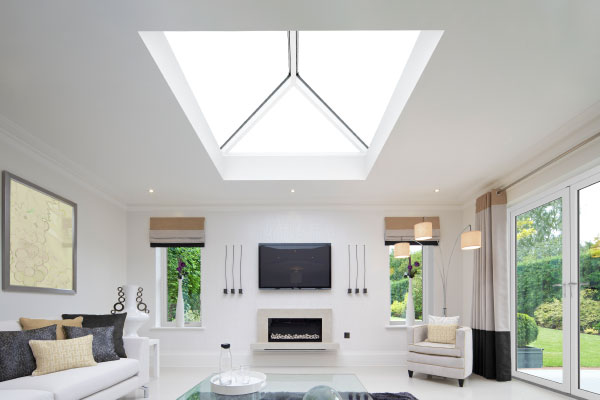 sheerline s1 roof lantern in a contemporary lounge with feature fireplace