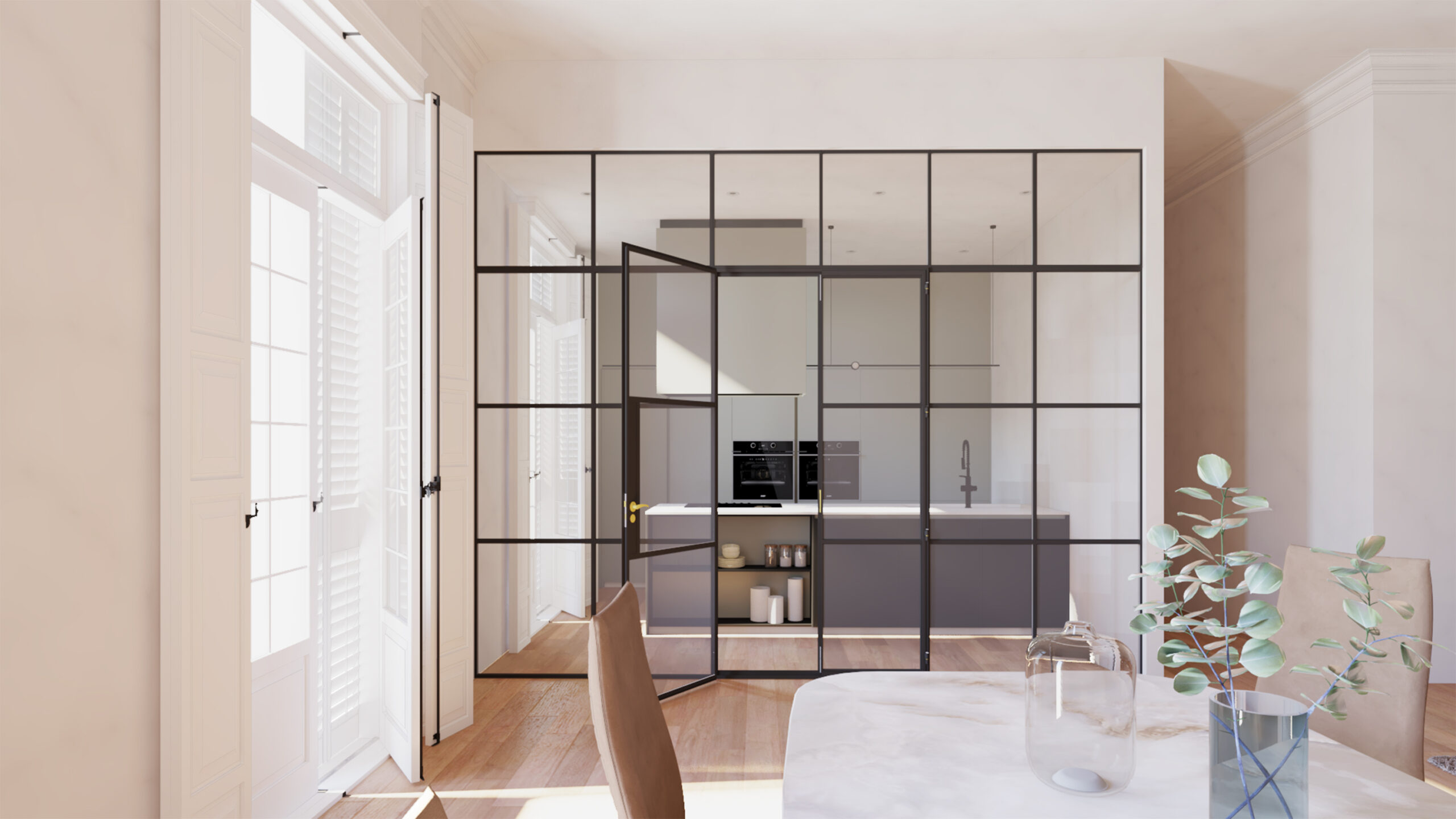 internal double doors and screens aluspace dividing a lounge and kitchen